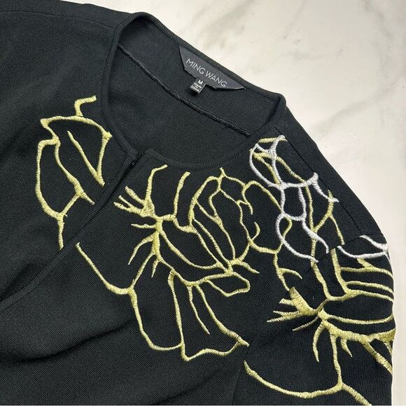 Ming Wang Black & Gold Floral Embroidered Jacket, Women's Size M, 3/4 Sleeves - Picture 3 of 13